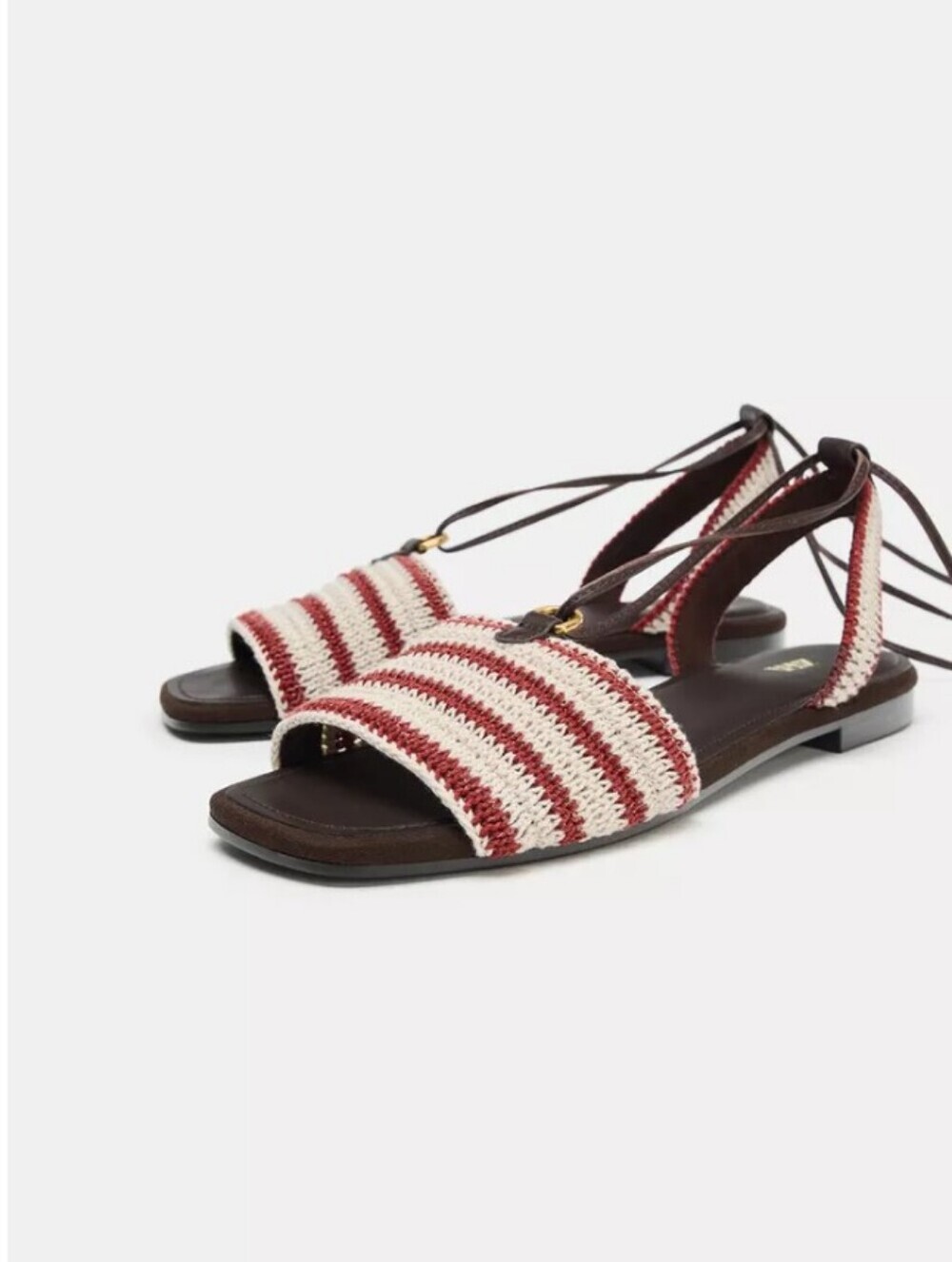 Zara Red and Cream Striped Lace-Up Flat Sandals
